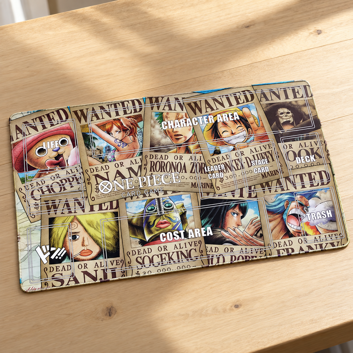Angled tabletop view of Straw Hat Pirates Wanted Posters One Piece zoned playmat