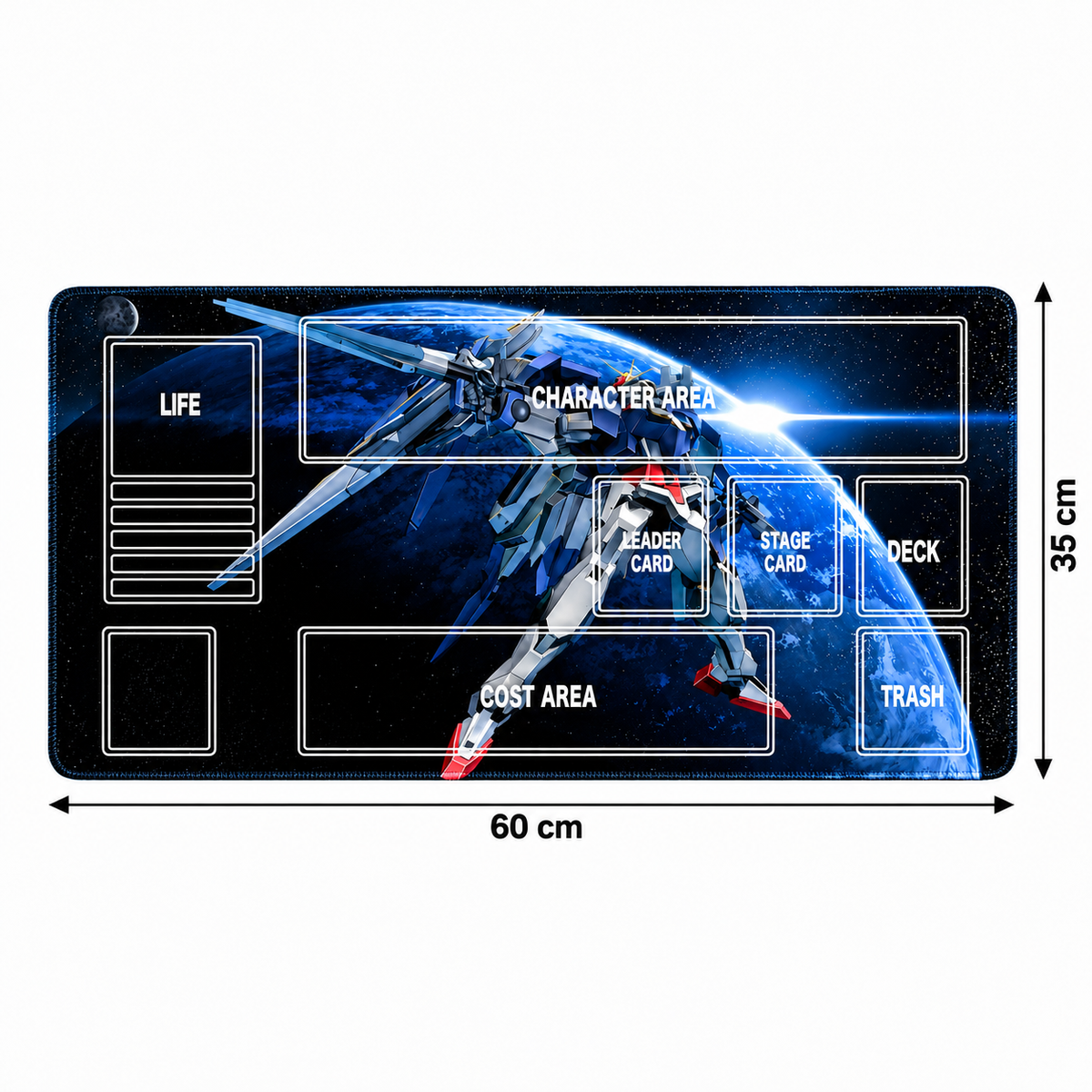Strike Freedom Gundam 60 x 35 cm playmat — dimensions, artwork-colored stitched edges