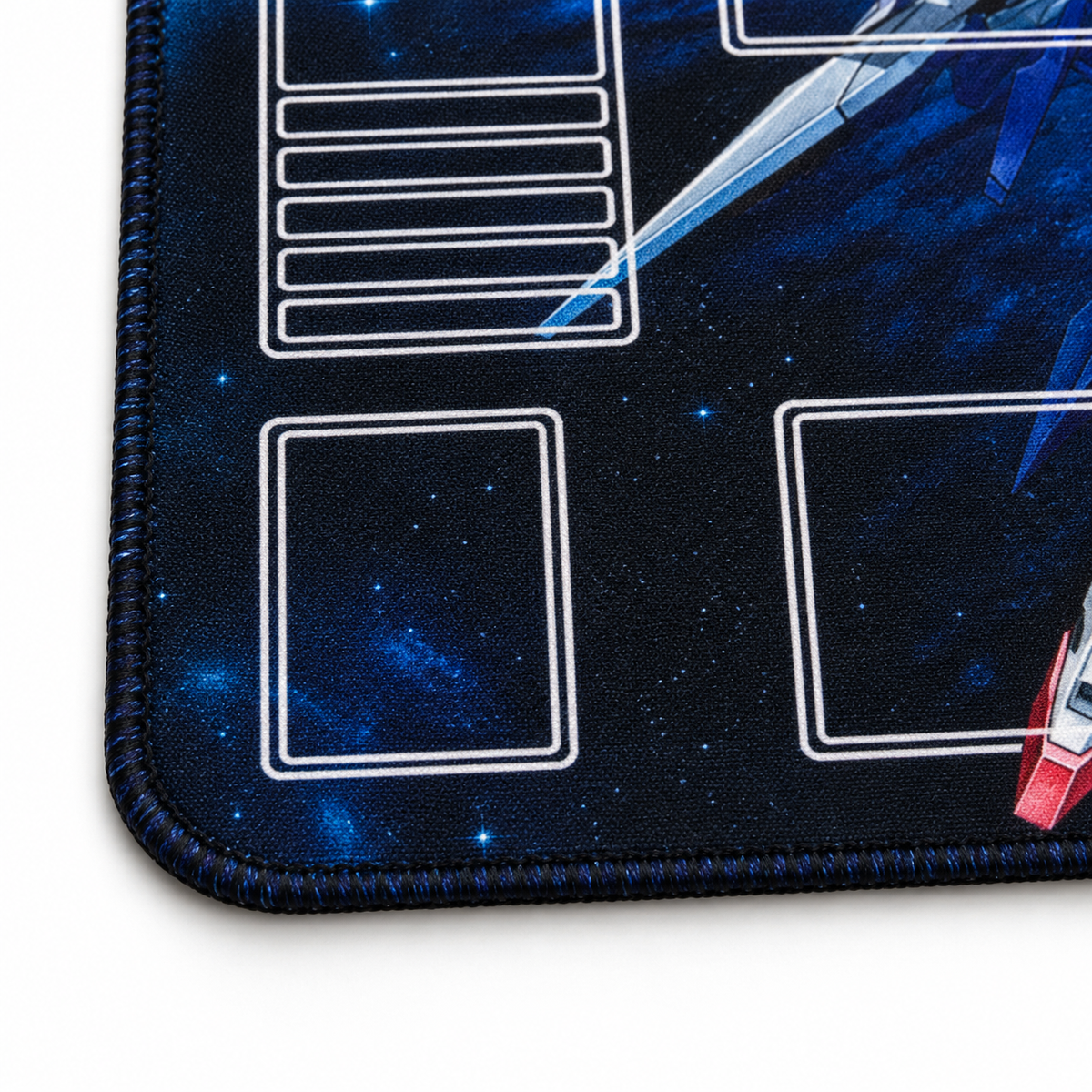 Strike Freedom Gundam 60 x 35 cm playmat — edge detail, artwork-colored stitched edges