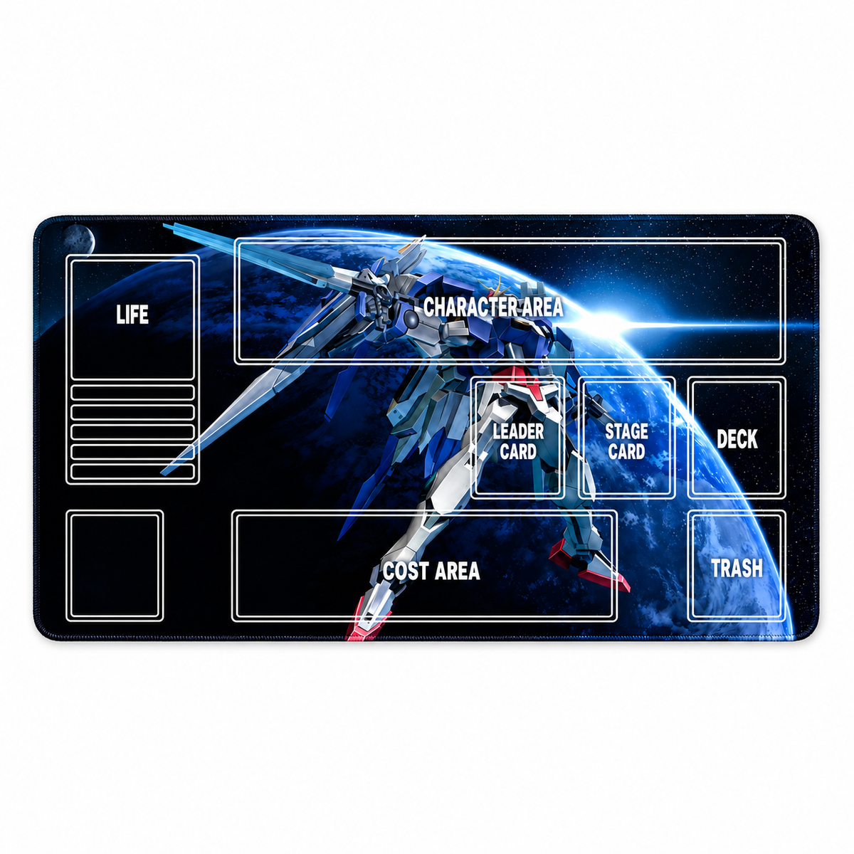 Strike Freedom Gundam 60 x 35 cm playmat — full mat, artwork-colored stitched edges