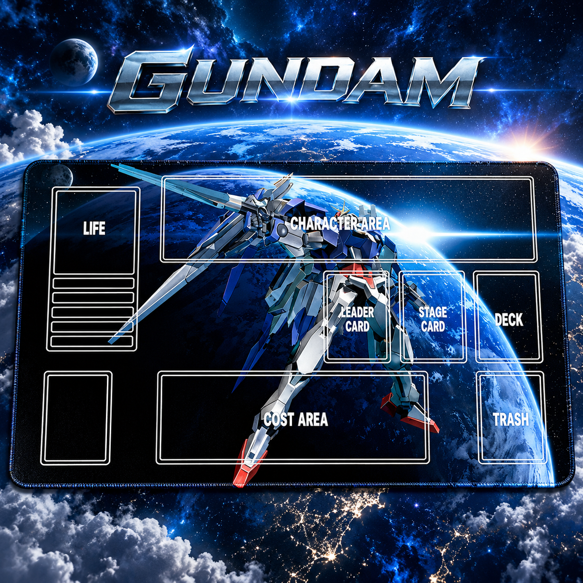 Strike Freedom Gundam 60 x 35 cm playmat — hero, artwork-colored stitched edges