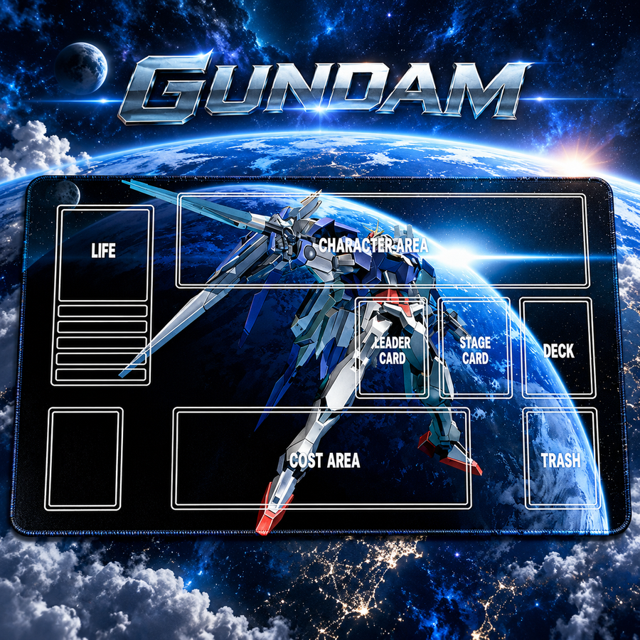 Strike Freedom Gundam 60 x 35 cm playmat — hero, artwork-colored stitched edges