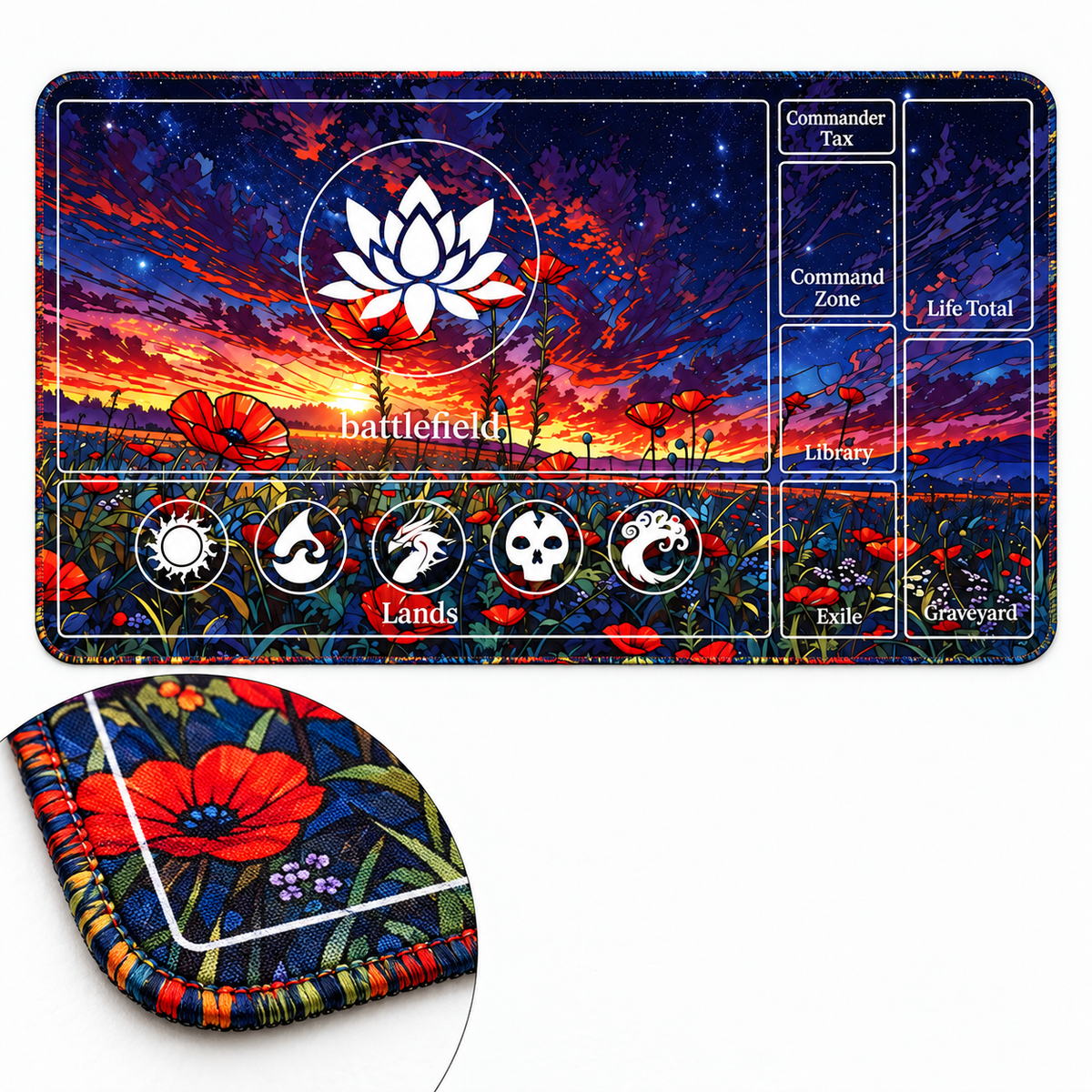 Sunset Poppy Field playmat corner showing artwork-colored stitching