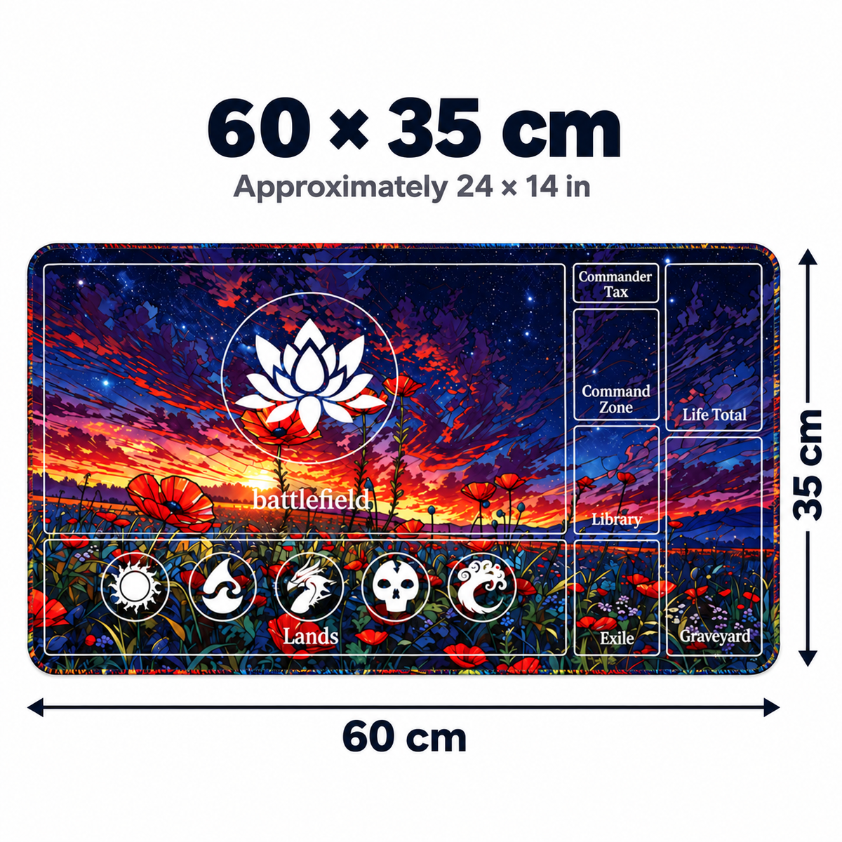 Sunset Poppy Field MTG playmat dimensions: 60 × 35 cm, approximately 24 × 14 inches