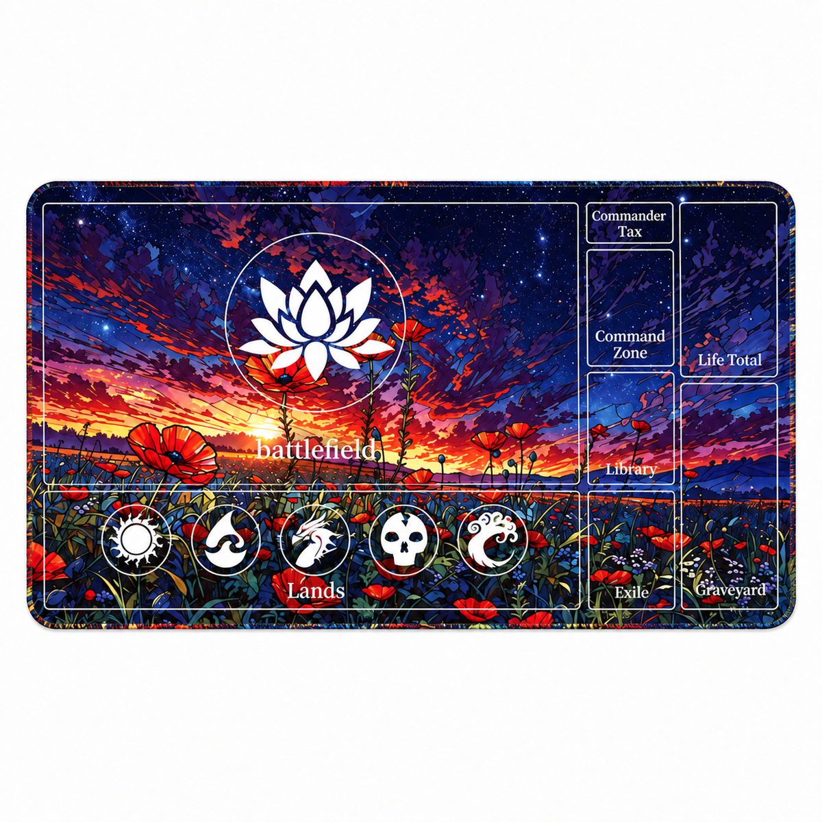 Sunset Poppy Field Magic: The Gathering playmat full view with supplied zones