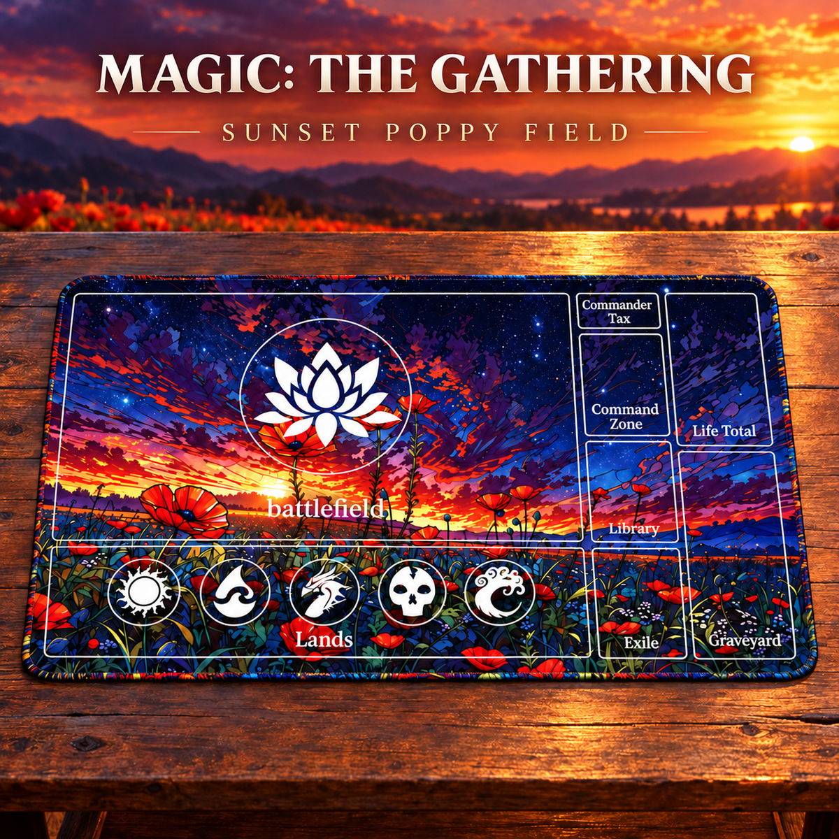 Sunset Poppy Field Magic: The Gathering playmat on a sunset-themed gaming table