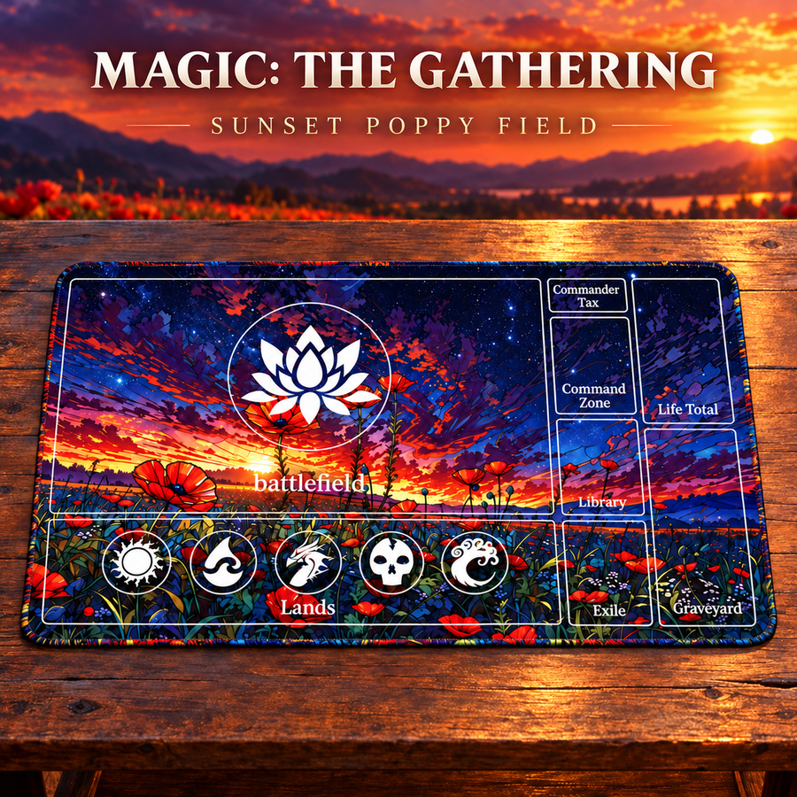 Sunset Poppy Field Magic: The Gathering playmat on a sunset-themed gaming table