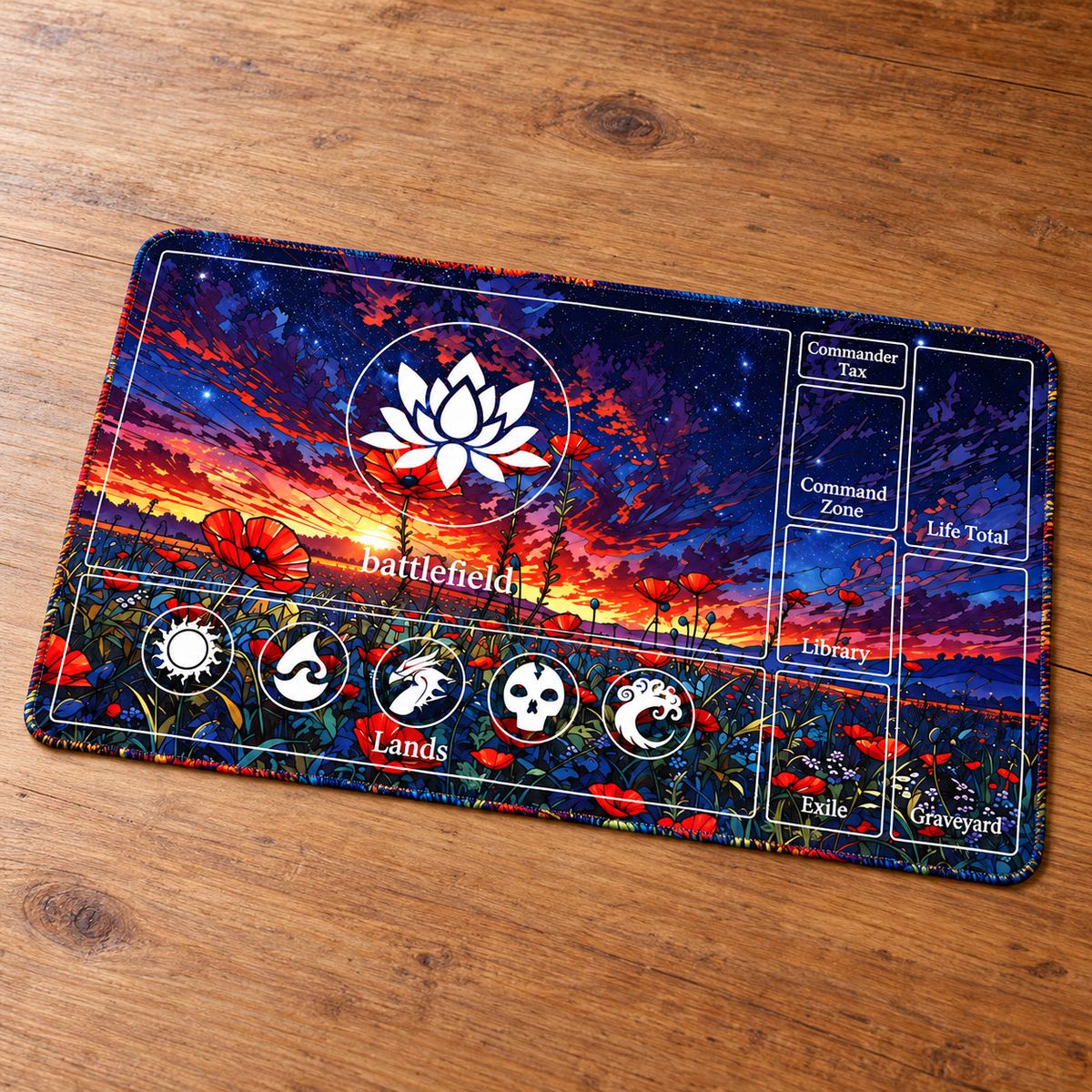 Sunset Poppy Field Magic: The Gathering playmat angled on a wood table