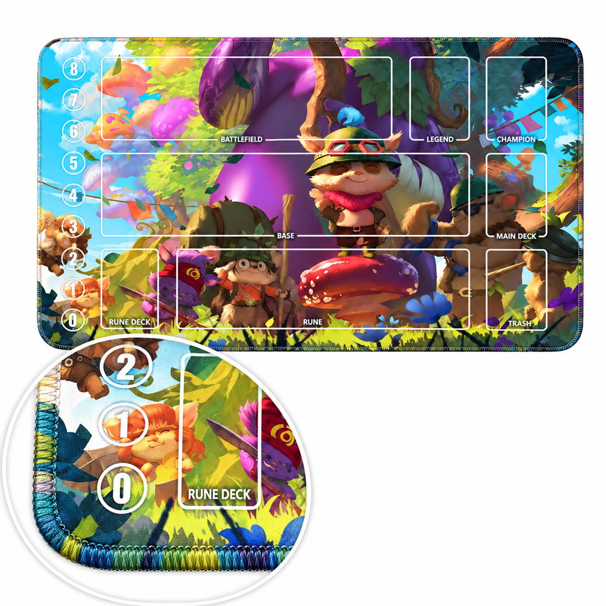 Teemo Riftbound TCG playmat — artwork-colored stitched-edge detail