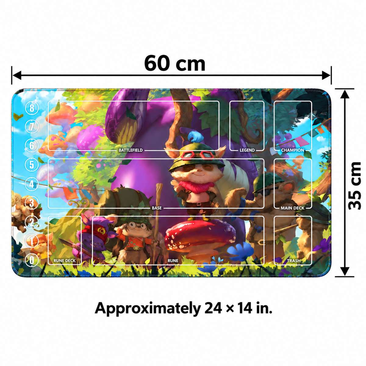 Teemo Riftbound TCG playmat — 60 × 35 cm dimensions, approximately 24 × 14 inches