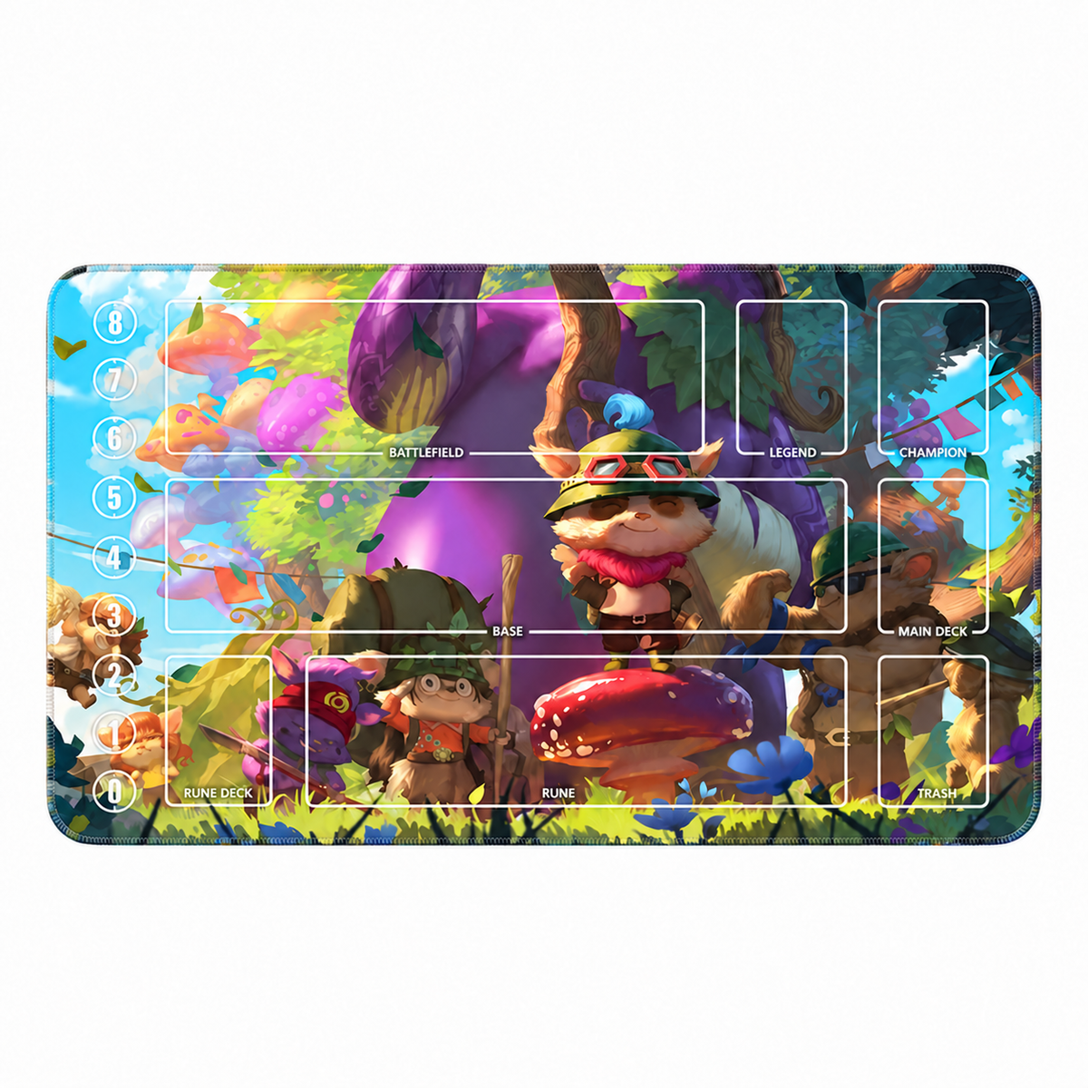 Teemo Riftbound TCG playmat — full Zone design on white