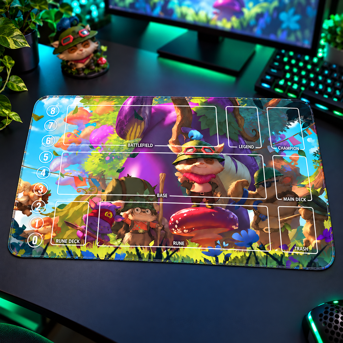 Teemo Riftbound TCG playmat — angled RGB gaming-desk view; accessories are props