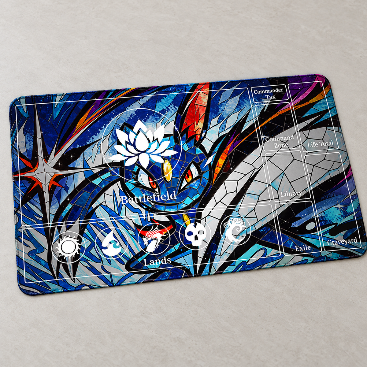 Umbreon stained glass Magic: The Gathering playmat — angled view, artwork-colored stitched edges