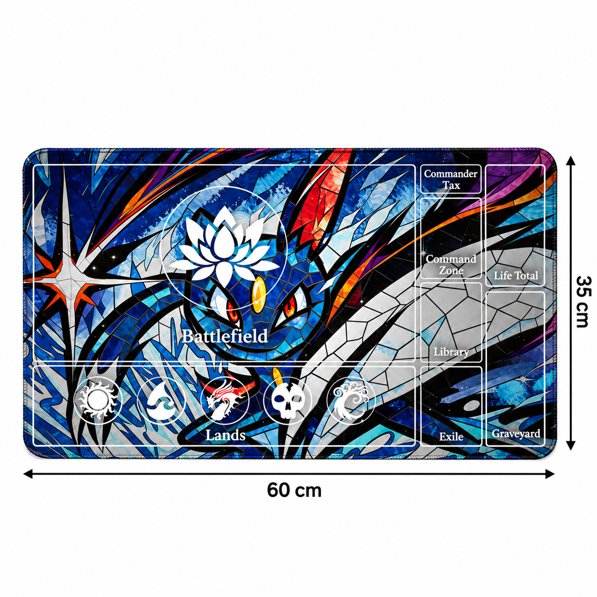 Umbreon stained glass Magic: The Gathering playmat — dimensions, artwork-colored stitched edges