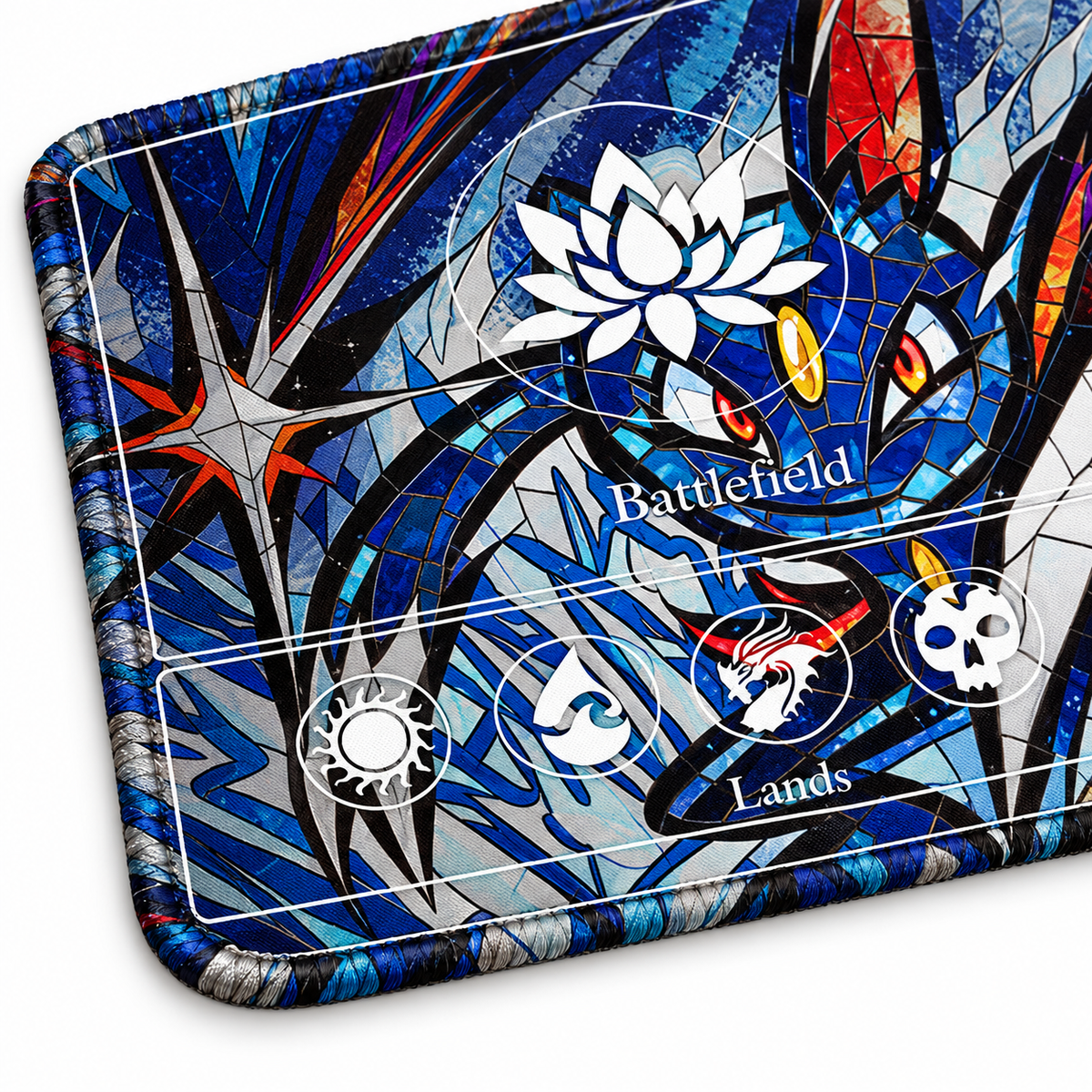 Umbreon stained glass Magic: The Gathering playmat — edge detail, artwork-colored stitched edges