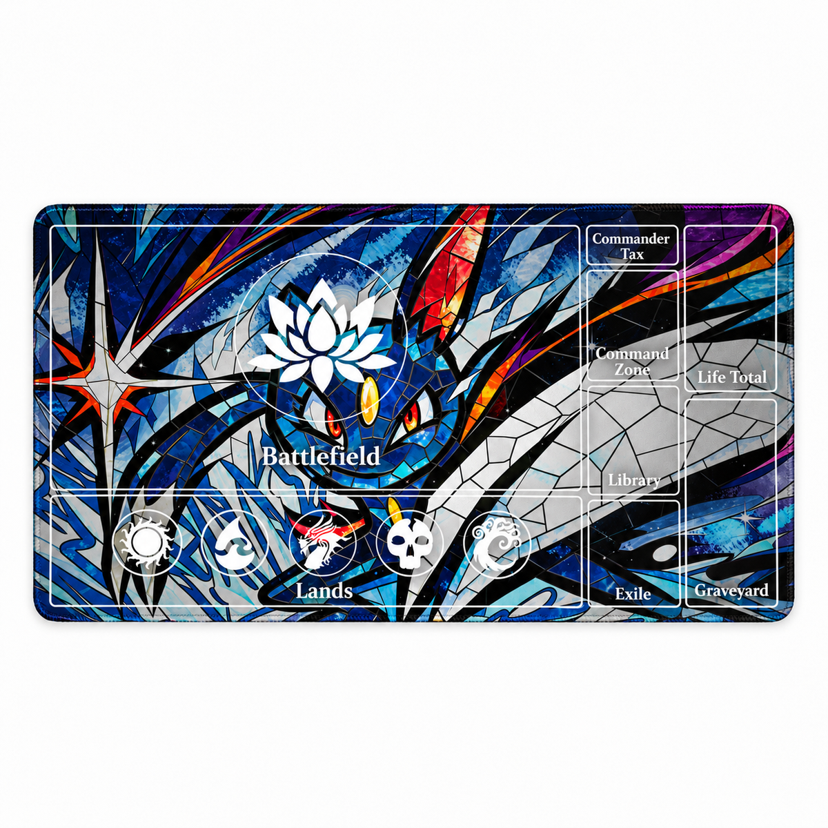 Umbreon stained glass Magic: The Gathering playmat — full mat, artwork-colored stitched edges