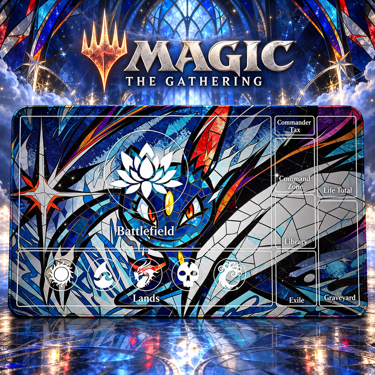 Umbreon stained glass Magic: The Gathering playmat — hero, artwork-colored stitched edges