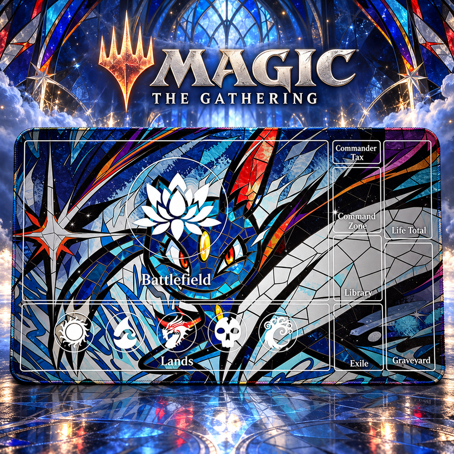 Umbreon stained glass Magic: The Gathering playmat — hero, artwork-colored stitched edges