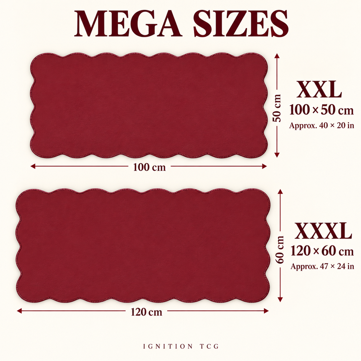 Velvet Wave desk mat size chart for XXL 100 by 50 cm and XXXL 120 by 60 cm