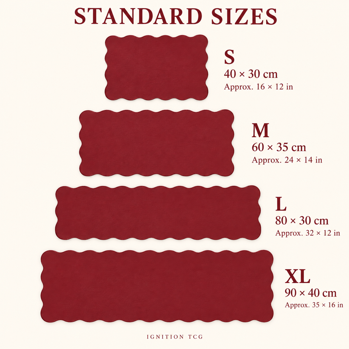 Velvet Wave desk mat size chart for S, M, L and XL with rounded inch measurements