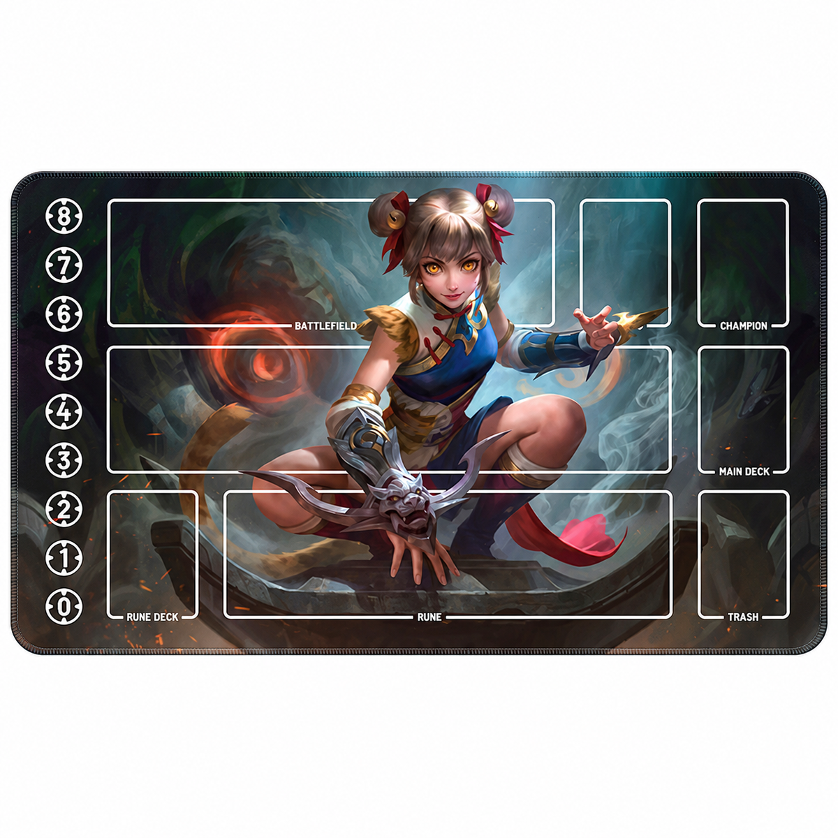 Wanwan, the Agile Tiger — Crossover Playmat for Riftbound — full 60 × 35 cm zoned mat with 8–0 tracker