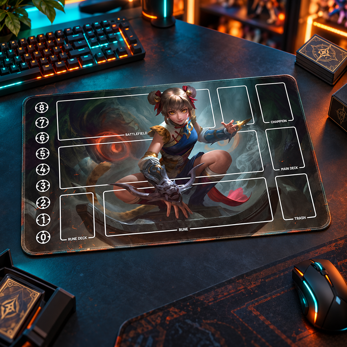 Wanwan, the Agile Tiger — Crossover Playmat for Riftbound — angled gaming-table view; accessories are props
