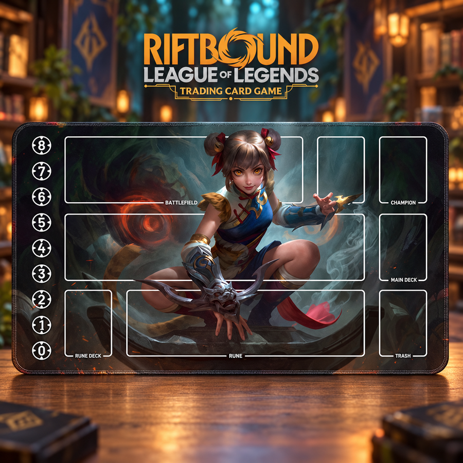 Wanwan, the Agile Tiger — Crossover Playmat for Riftbound — upright crossover hero for Riftbound with gold game logo