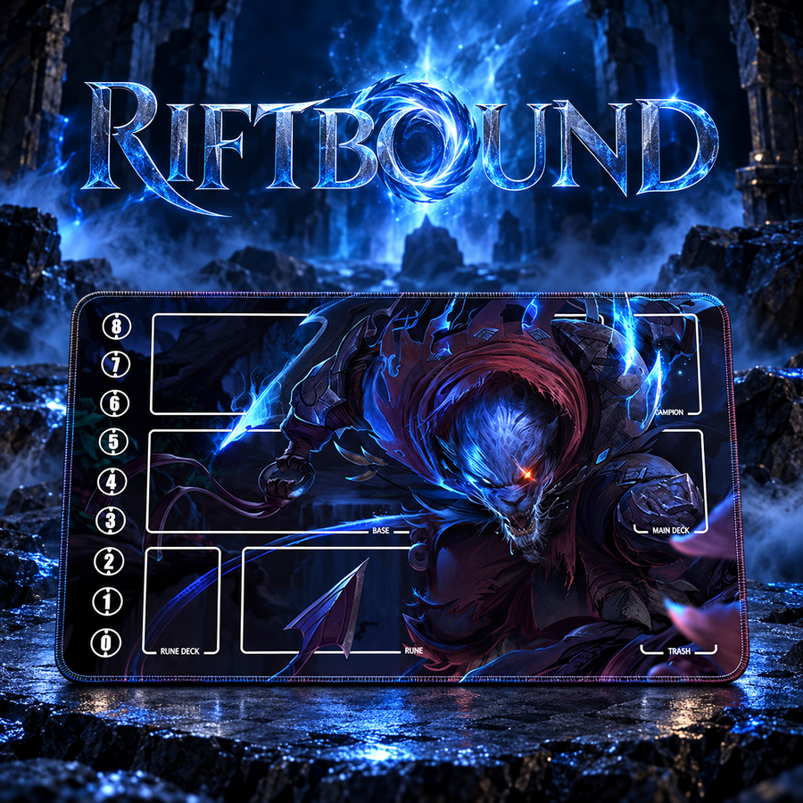 Warwick Midnight Hunt Riftbound playmat with game heading and artwork-colored stitched edges