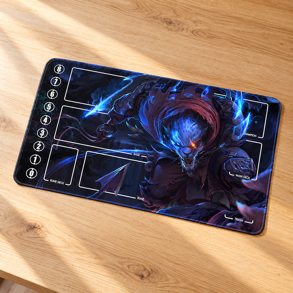 Warwick Midnight Hunt Riftbound playmat on a light oak tabletop, angled view