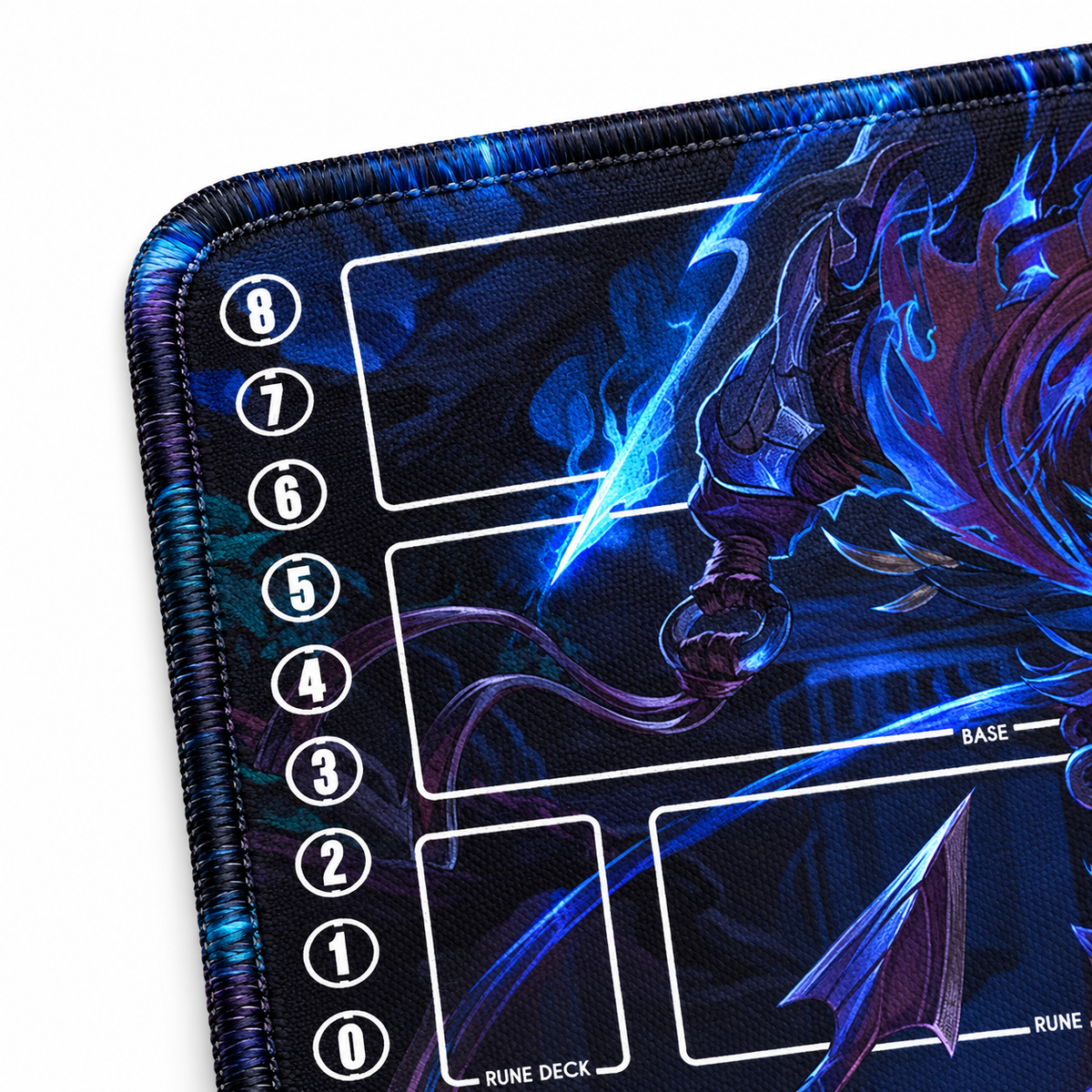 Warwick Riftbound playmat close-up with artwork-colored stitching and printed zone detail