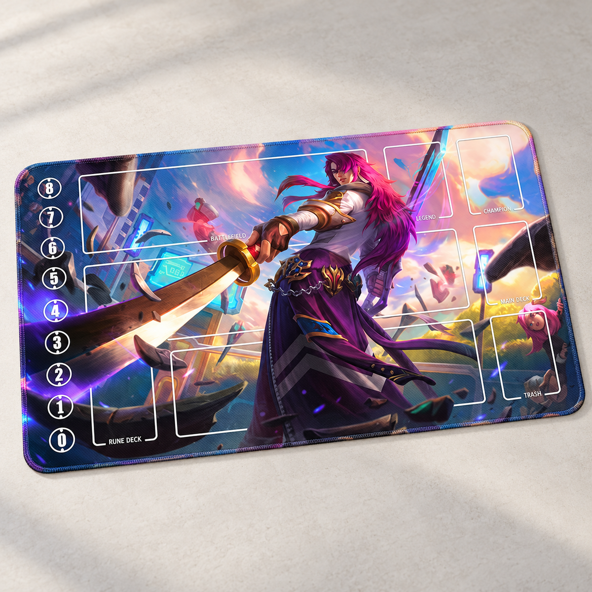 Yone Neon Blade Riftbound 60 x 35 cm playmat — angled view, artwork-colored stitched edges