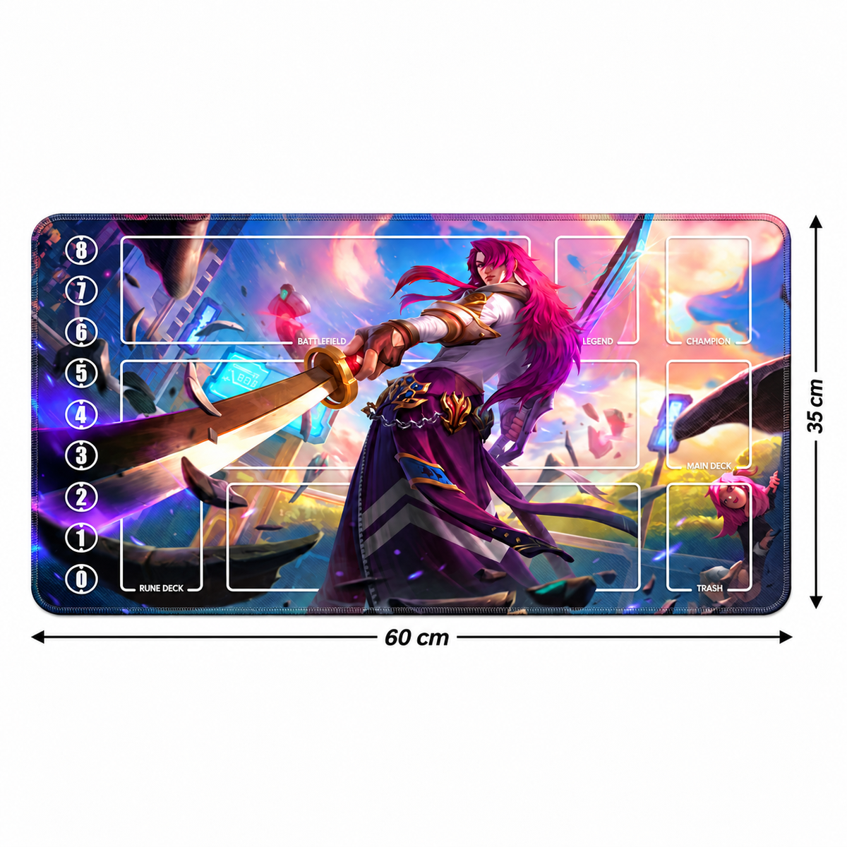 Yone Neon Blade Riftbound 60 x 35 cm playmat — dimensions, artwork-colored stitched edges