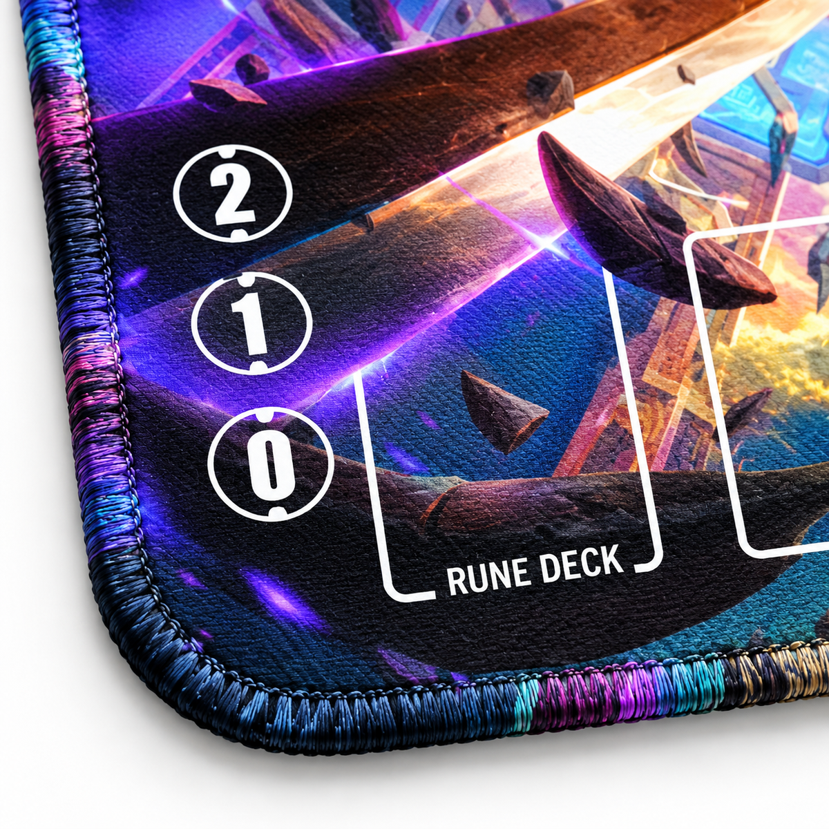 Yone Neon Blade Riftbound 60 x 35 cm playmat — edge detail, artwork-colored stitched edges