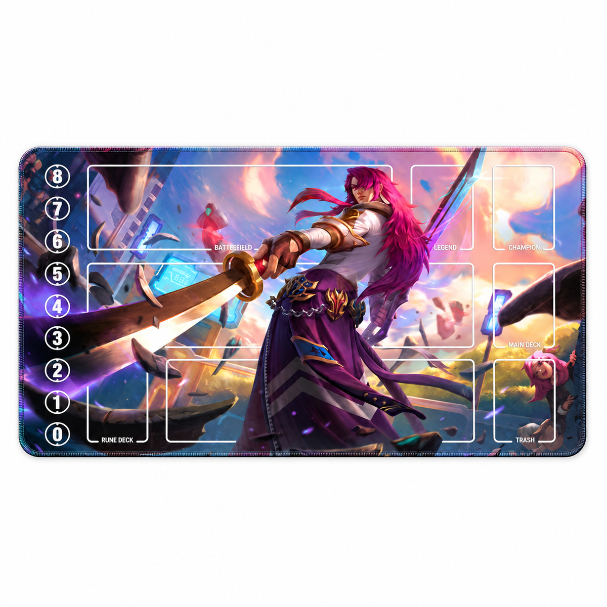 Yone Neon Blade Riftbound 60 x 35 cm playmat — full mat, artwork-colored stitched edges