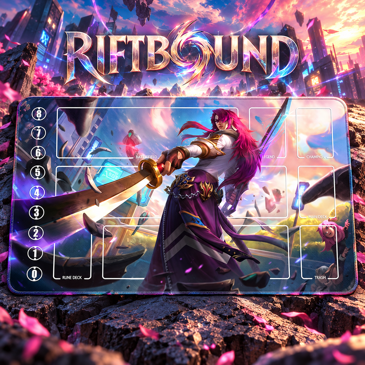 Yone Neon Blade Riftbound 60 x 35 cm playmat — hero, artwork-colored stitched edges